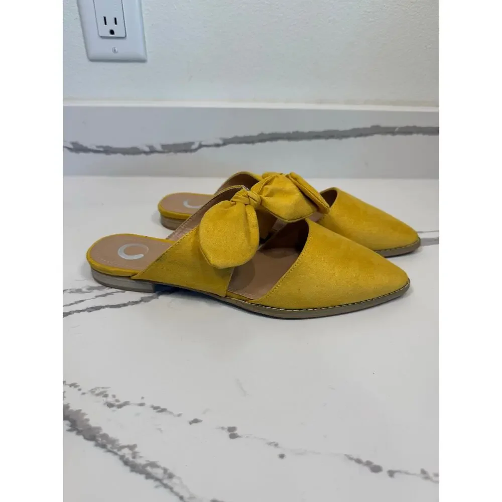 Women's Telulah Bow Slip On Flat Mules Yellow Faux Suede‎ Size 10